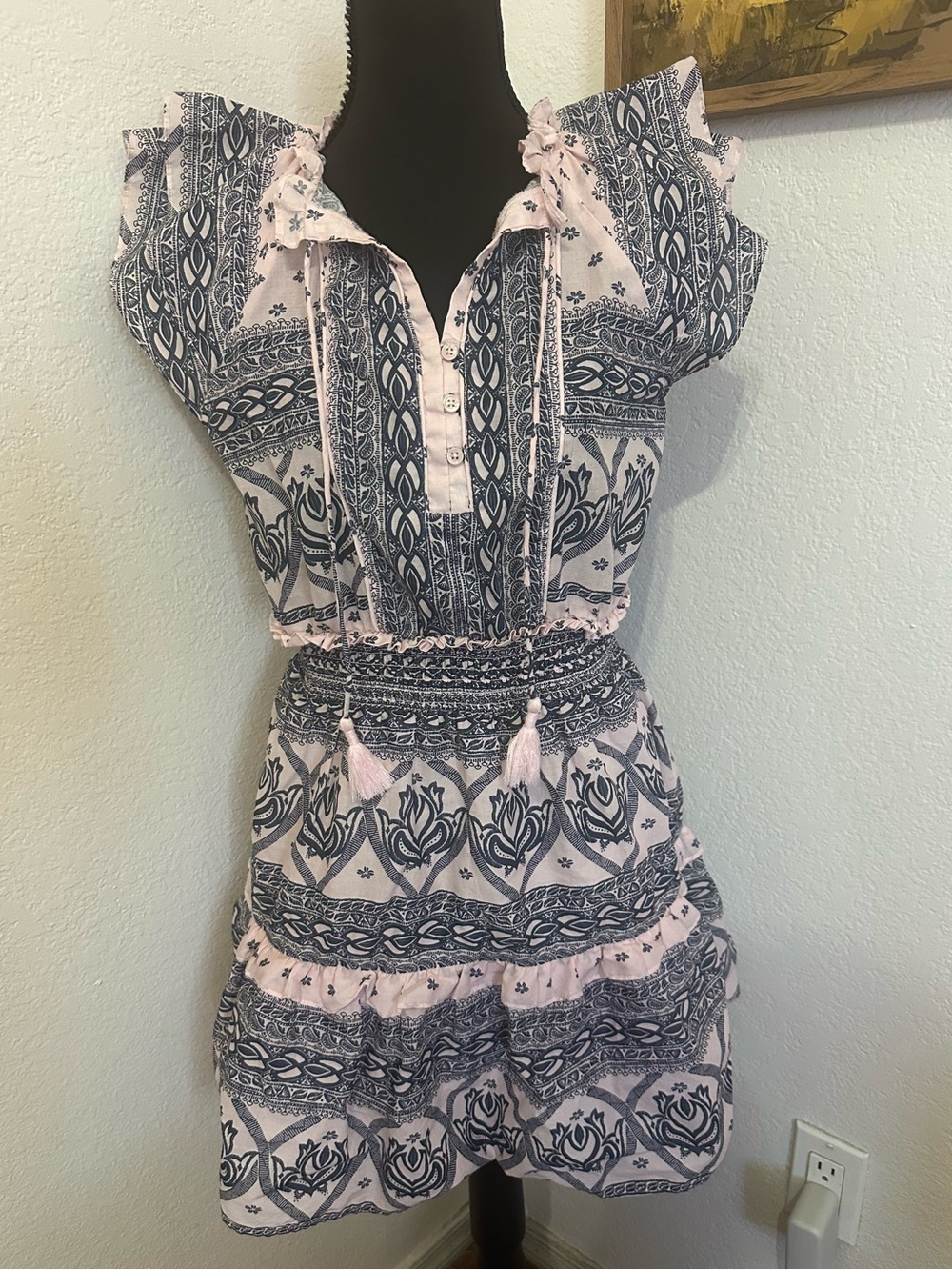 Melissa Nepton Myra Printed Ruffle Pink and Blue Mini Dress - Size Small